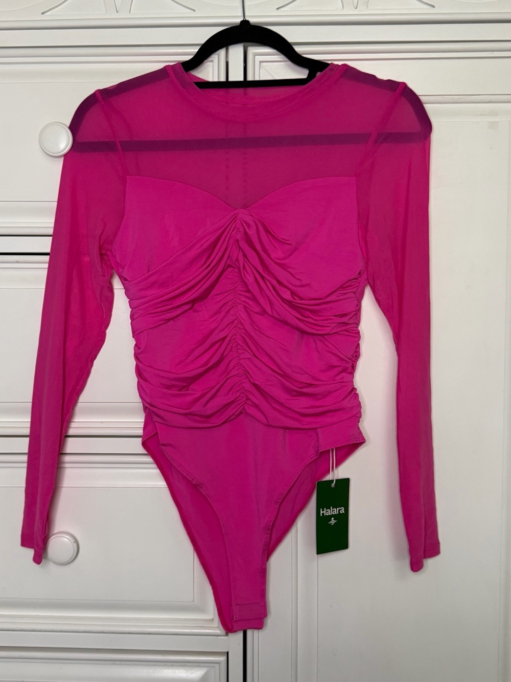 HALARA Fuchsia Ruched Long-Sleeve Mesh Bodysuit